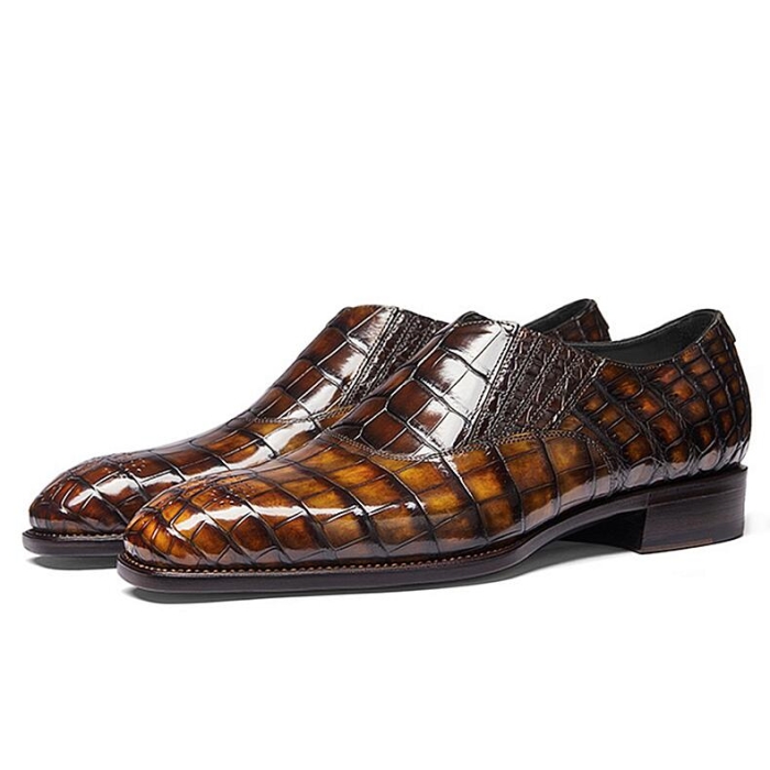 Luxury Alligator Leather Slip-On Loafer Party Shoes for Men-Brown