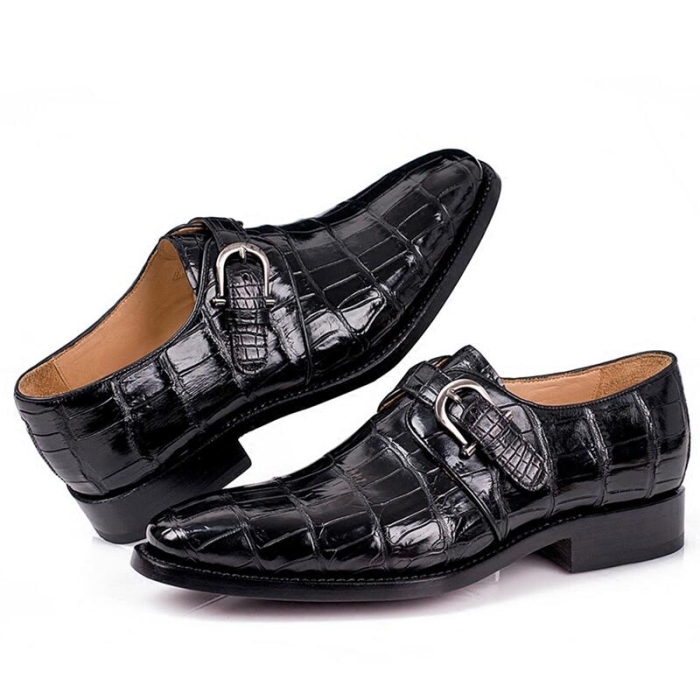 Men's Alligator Leather Single Monk Strap Loafers Dress Shoes-2